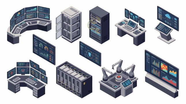 Isometric Technology Server Room Equipment Setup.