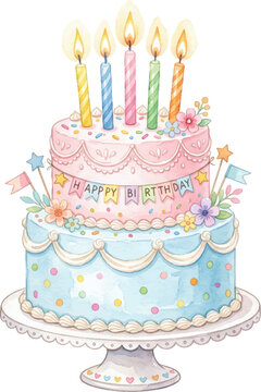 Layered birthday cake with five glowing candles, pink and blue festive flower decorations. Perfect for birthday party invitations and greeting cards.