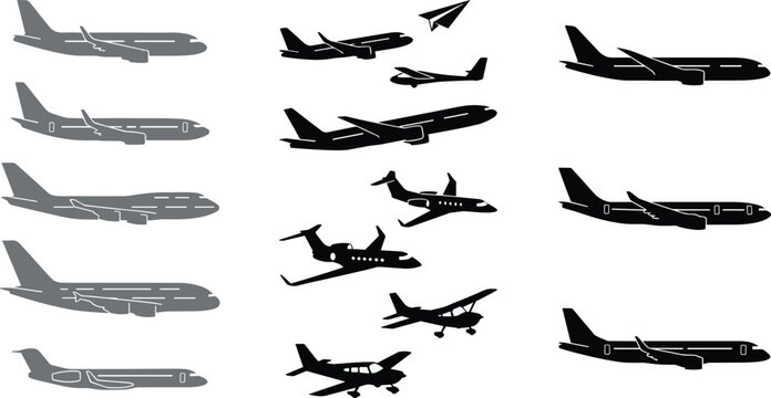 Airplane silhouette icon set aircraft aviation travel transport passenger commercial jet paper plane flight propeller minimal vector icons