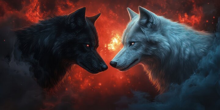 black and white wolves facing each other over a glowing fiery orb with smoky blue and dark clouds, intense confrontational stare conveying tension and balance