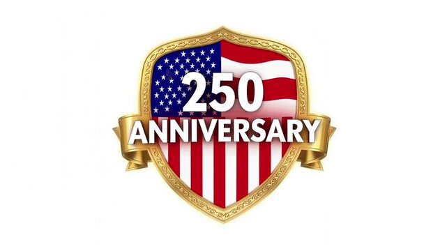 USA 250th Anniversary Semiquincentennial shield emblem with American flag and gold frame isolated on white