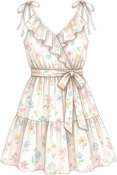 Pastel floral ruffle summer dress with waist tie and shoulder straps, ideal for fashion blogs, clothing websites, and summer promotions.