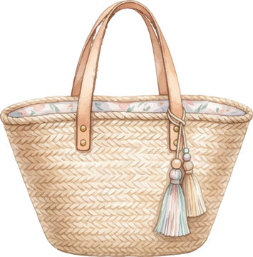 Woven straw tote bag with leather handles, colorful tassel decoration  a chic summer accessory for a feminine and stylish look. Perfect for fashion, lifestyle, and travelrelated projects.
