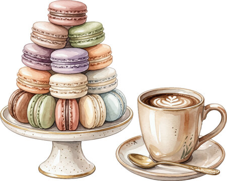 Beautiful arrangement of pastel macarons stacked on a plate next to a latte in a golden spoon. Ideal for food blogs and social media posts.