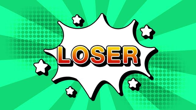 Loser text word lettering popup comic cartoon reveal with bomb and smoke explosion manga anime book page dots with radial speed lines doodle teal background with seamless loop animation retro game