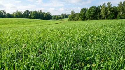 Obraz premium Lush green meadow landscape with rolling hills and forest backdrop on a sunny day