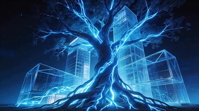 Glowing tree with roots in glass structures