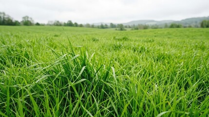 Fototapeta premium Lush green meadow landscape with rolling hills in the distance on an overcast day
