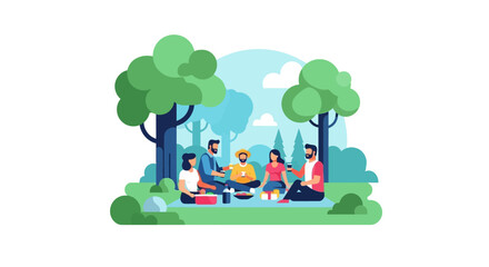 Naklejka premium Diverse group of friends enjoying a picnic and conversation outdoors in a park setting.