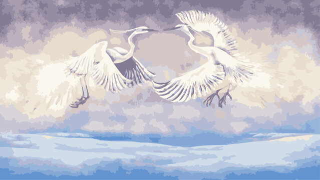 Elegant White Herons in Winter Landscape &ndash; Decorative Vector Style Illustration