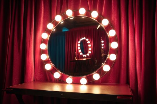 illuminated round vanity mirror with glowing bulbs on a dressing table against red velvet curtains, reflection of a second mirror, warm glamorous backstage anticipation