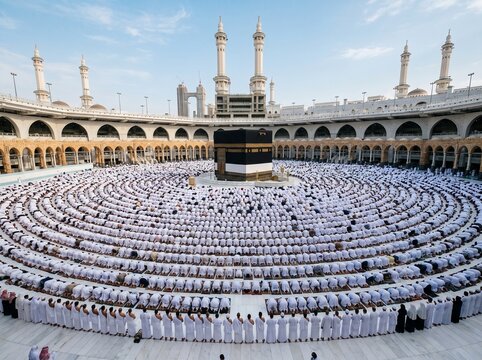 Large crowd of pilgrims circumambulating the Kaaba during Hajj pilgrimage.