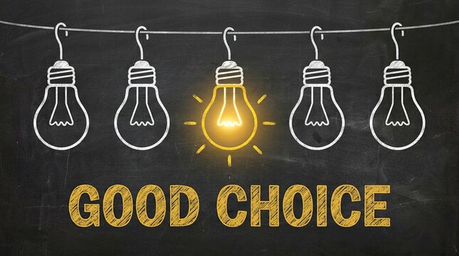 Good choice concept with glowing light bulb among others on chalkboard