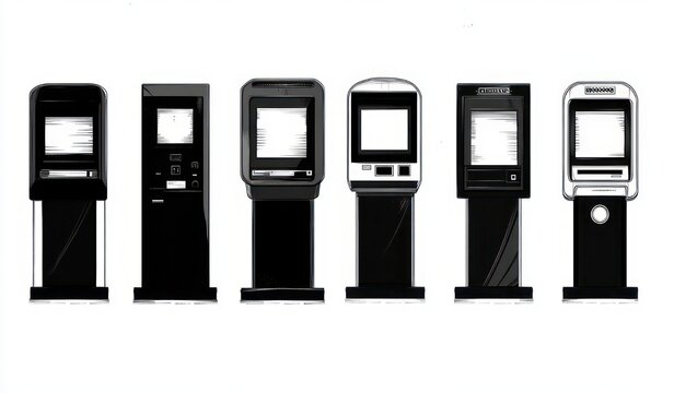 six freestanding self-service kiosks in a row with touchscreens, card slots and simple black-and-white minimal design, sterile and clinical mood