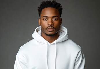 Fototapeta premium anonymous person with short curly hair wearing a white hoodie and stud earring, studio portrait with face obscured against a gray background conveying a neutral, reserved mood
