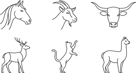 Obraz premium Minimalist Farm and Wildlife Animal Line Icon Set Featuring Horse Profile Goat Head Texas Longhorn Bull Deer Stag Playful Cat and Alpaca for Ranch Logo Designs