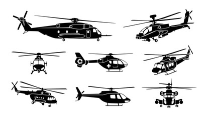 Helicopter silhouette vector set with military rescue and transport aircraft © MstSompa
