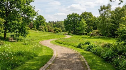 Fototapeta premium Serene winding pathway through lush green park landscape with mature trees and sky