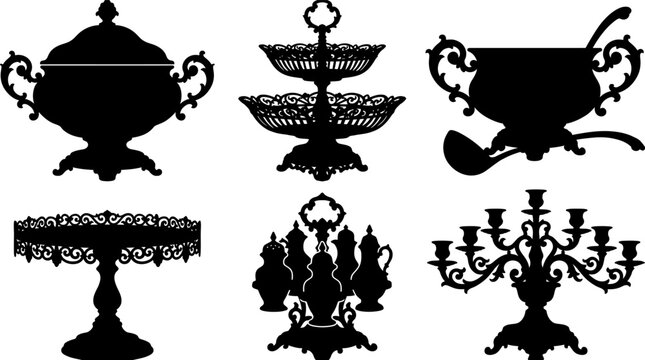 Vintage ornate tableware silhouettes vector set featuring tureen candelabra cake stand and antique dining decor elements