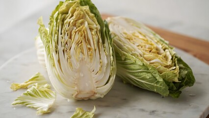 Obraz premium Freshly Cut Romaine Lettuce Halves on Marble Surface Cooking Ingredient