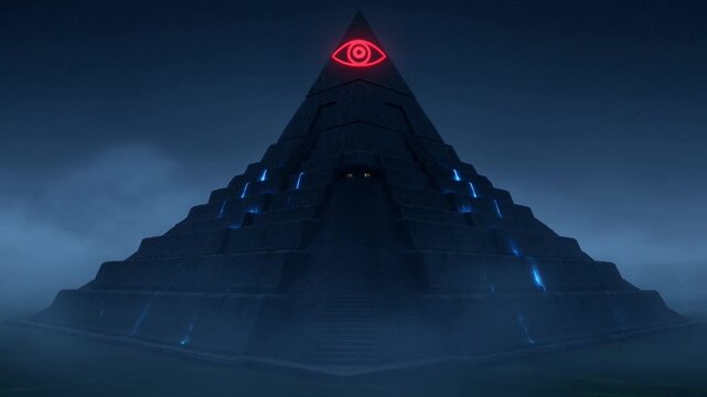 Dark futuristic pyramid with a glowing red all-seeing eye and neon blue energy lines in a foggy night