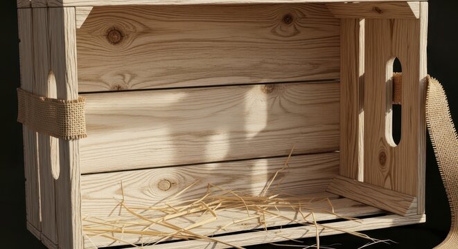 Wooden crate with hay inside empty.