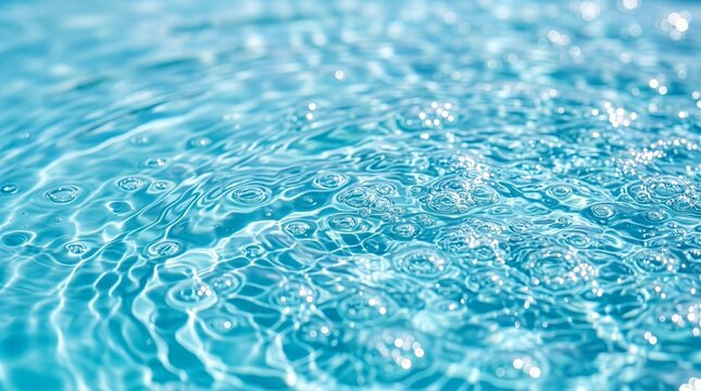 太陽光できらめく青い水面の波紋と透明感のある美しい気泡のテクスチャ背景 Close-up of Sparkling Blue Water Surface with Sun Glare, Delicate Ripples and Transparent Bubbles Background