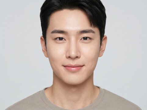 Portrait of Handsome Young Asian Man with Clean Skin and Gentle Smile Looking at Camera