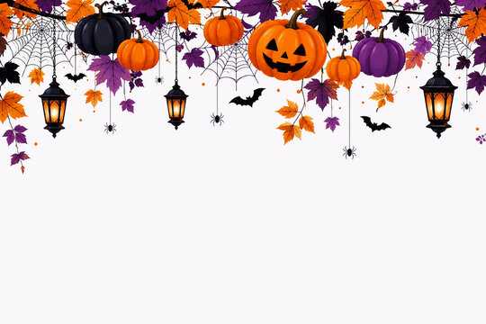Halloween Top Border with Pumpkins Spider Webs and Bats Flat Illustration