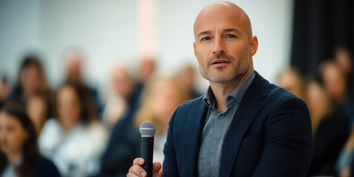 Bald man in navy blazer holding a microphone at a conference with a blurred attentive audience, appearing thoughtful and engaged