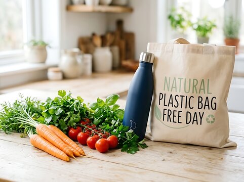 Fresh organic vegetables and reusable water bottle with tote bag promoting natural plastic bag free day concept
