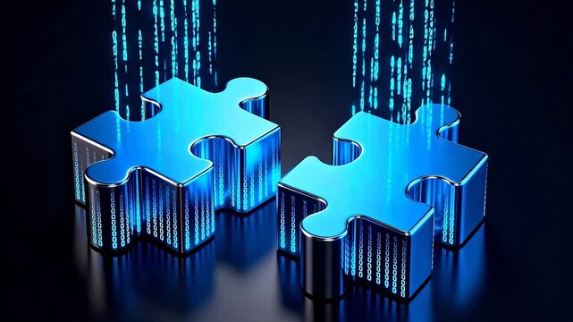 Blue puzzle pieces with binary code