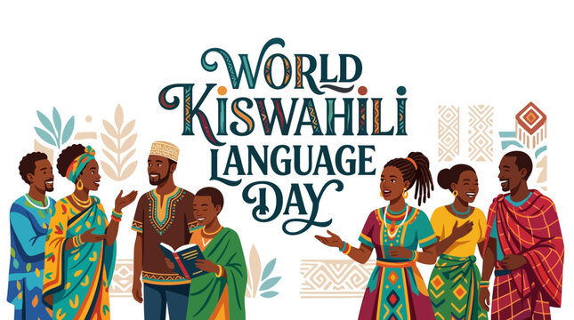 Diverse group of people celebrating World Kiswahili Language Day with vibrant cultural attire and traditional patterns