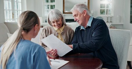 Smile, caregiver and old couple in home with document, form and report for medical results. Nurse,...