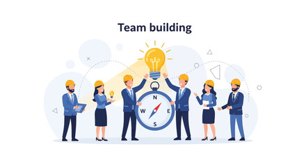 Fototapeta premium Team building with light bulb ideas and compass for collaboration and strategy illustration