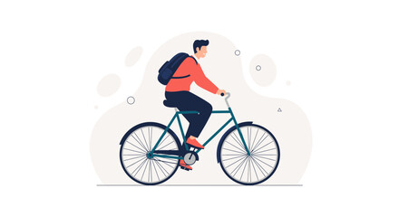 Fototapeta premium Vector Illustration of a Man Riding a Bicycle with a Backpack, Commuting in a Flat Design Style