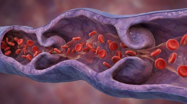 Distorted vessel condition: varicose vein, vascular problem, blood flow, valve dysfunction, human anatomy, medical issue, health concern.
