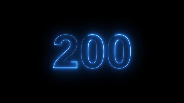 Neon blue glowing number 200 animation on black background, digital countdown timer or milestone counter for modern tech presentations