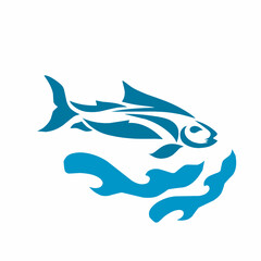 Naklejka premium Stylized Blue Fish Swimming Above Waves Clipart Logo