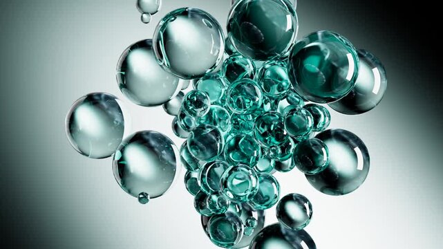 Abstract transparent blue  bubbles animation with collagen gel and hydration concept, transparent liquid spheres, molecular structure, cosmetic serum, 3D background, copy space.