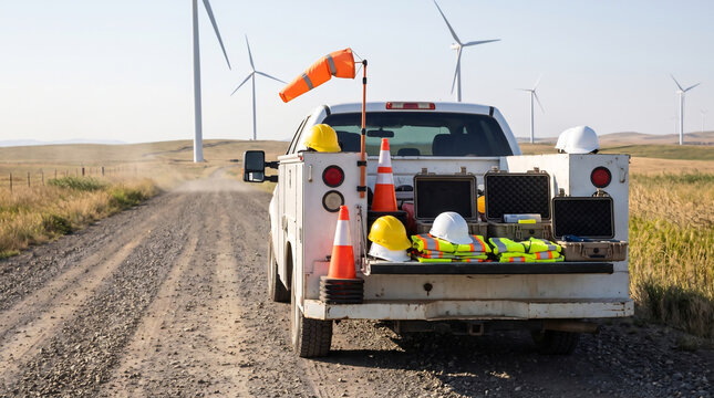 Wind farm safety briefing gear on service truck tailgate