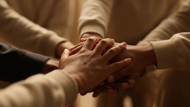 Close up of diverse hands stacked together as a symbol of teamwork and unity