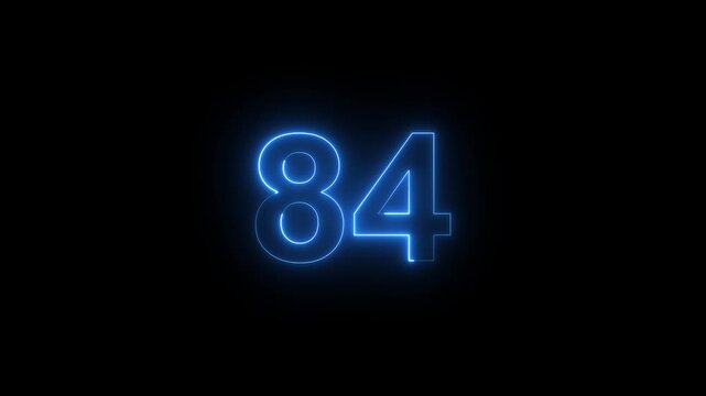 Glowing neon number 84 countdown timer, electric blue digital display for motion and broadcast eighty-four