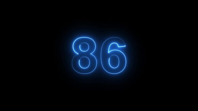 Neon blue number 86 glowing countdown timer animation on black background, for digital and, motion
