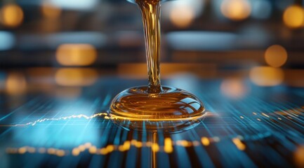 Obraz premium golden viscous liquid pouring onto a glowing blue circuit board surface with warm orange bokeh, futuristic and mesmerizing