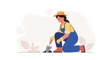 Fototapeta premium Woman Gardening, Planting Flowers or Vegetables with Shovel, Wearing Overalls and Hat, Flat Vector Illustration