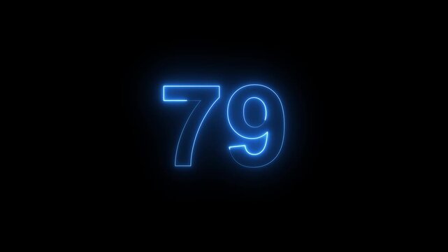 Glowing neon number 79 countdown timer, electric blue digital display animation on black background, for motion and, broadcast projects