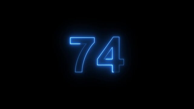 Glowing neon number 74 digital countdown timer with electric blue light effect seventy-four