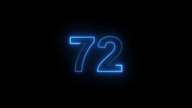 Neon blue number 72 glowing on black background, digital countdown timer animation, modern tech interface for motion and broadcast