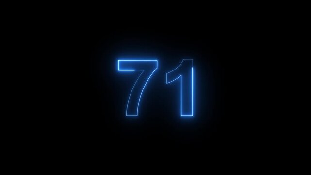 Neon glowing number 71 animation, electric blue digital countdown sign, futuristic technology interface on black background